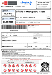 Példa jegy a Machu Picchura